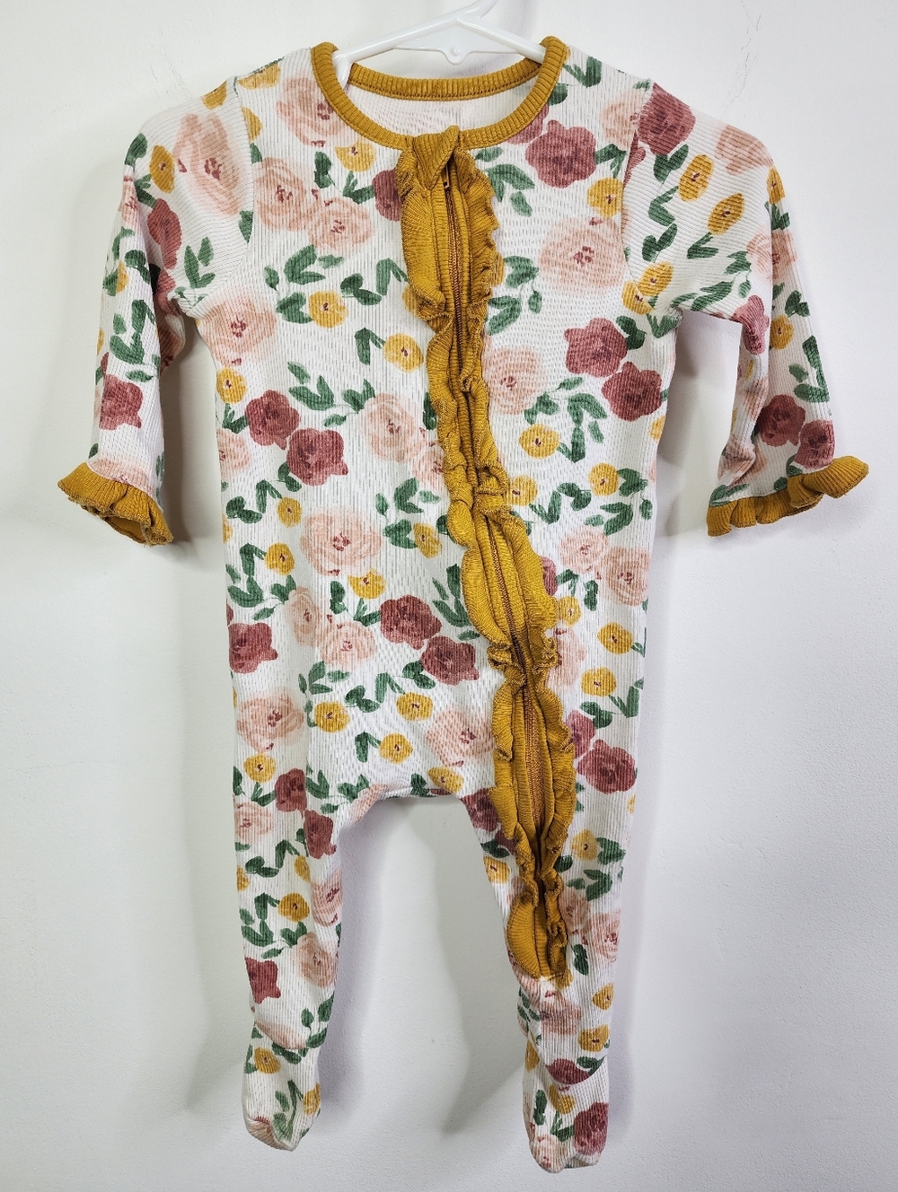 Floral Ruffle Baby One-Piece - Mustard Accent Mud Pie Fall Rose Sleeper 3-6m